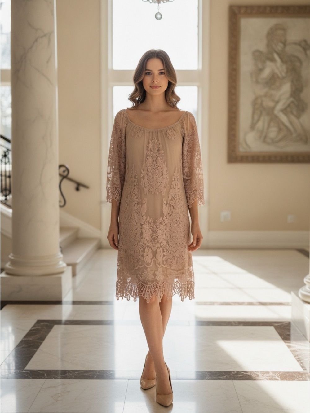 Sky Women’s Ivani Lace Off Shoulder Nude Dress Small